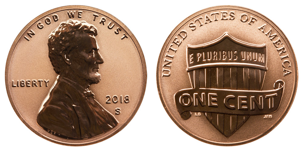 Side-by-side comparison of 2018-S standard proof penny versus 2018-S Reverse Proof showing frosted and mirror field differences