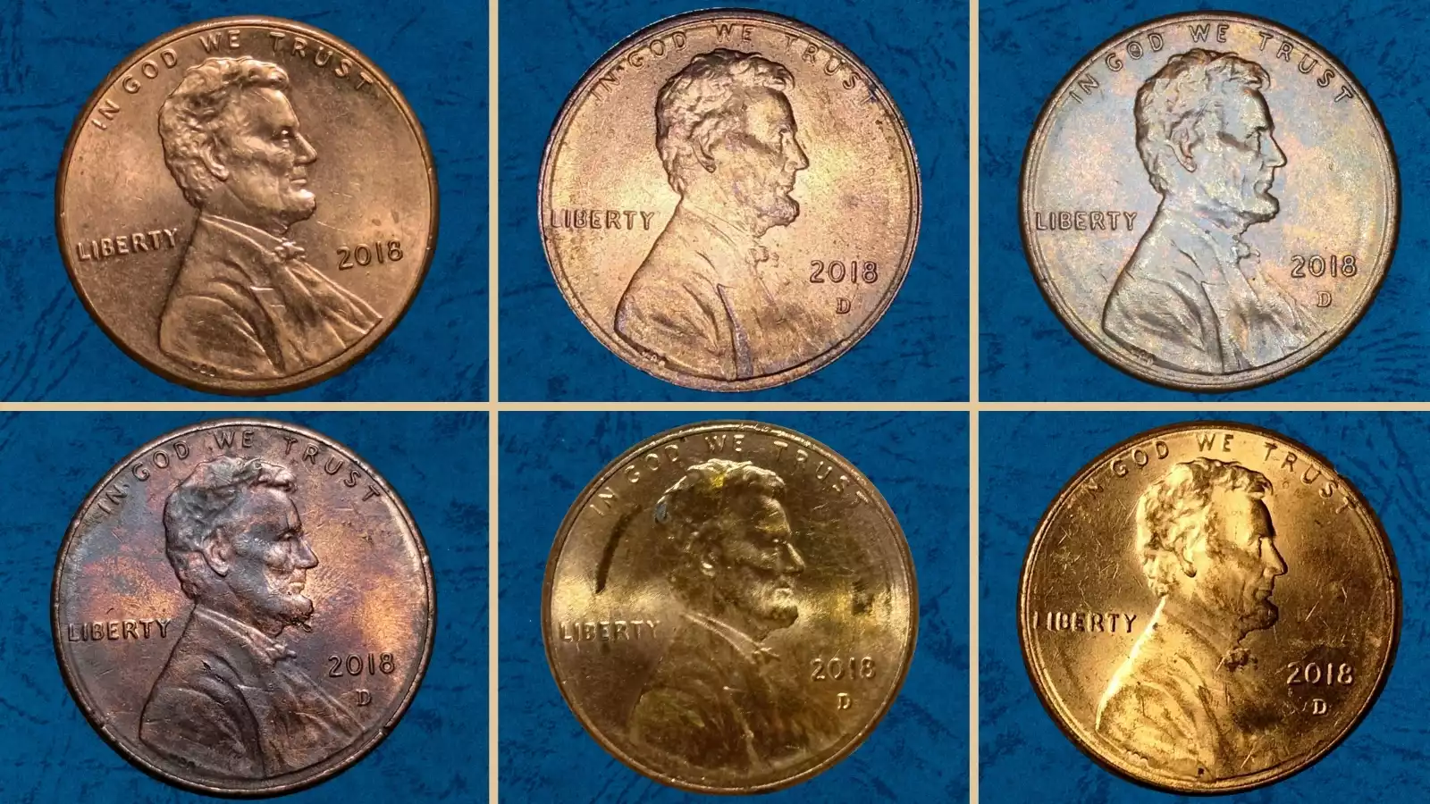 2018 Lincoln penny grading strip showing four coins from worn circulated to gem uncirculated